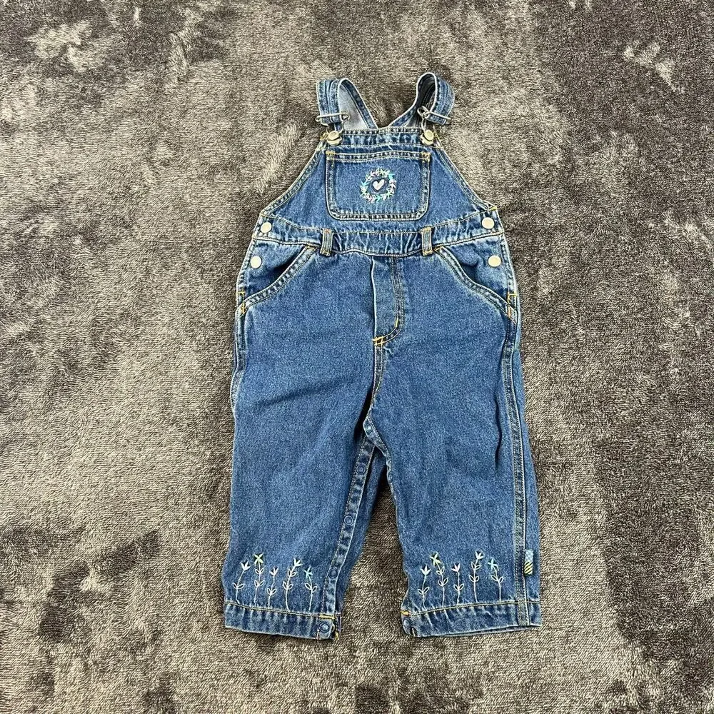 Vtg Gymboree Embroidered Denim Jean Overalls Girl XS 1-2 Years Rainbow Tag